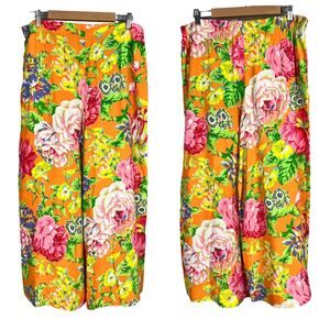 GENNY Women's 10 Italy Pull On Orange Floral Resort Boho Wide Leg Tropical Pants